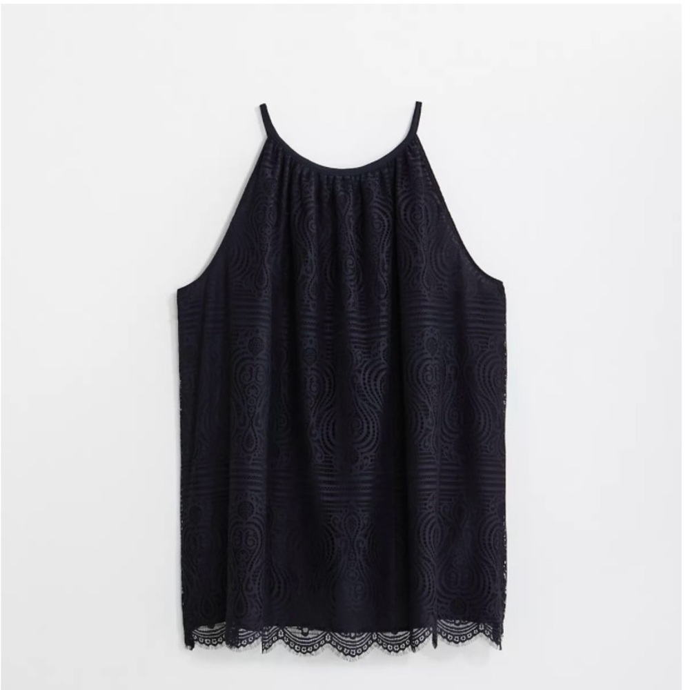 LOFT LOFT Plus Lace Halter tank Top size 18 Navy Blue Tie back scalloped hem